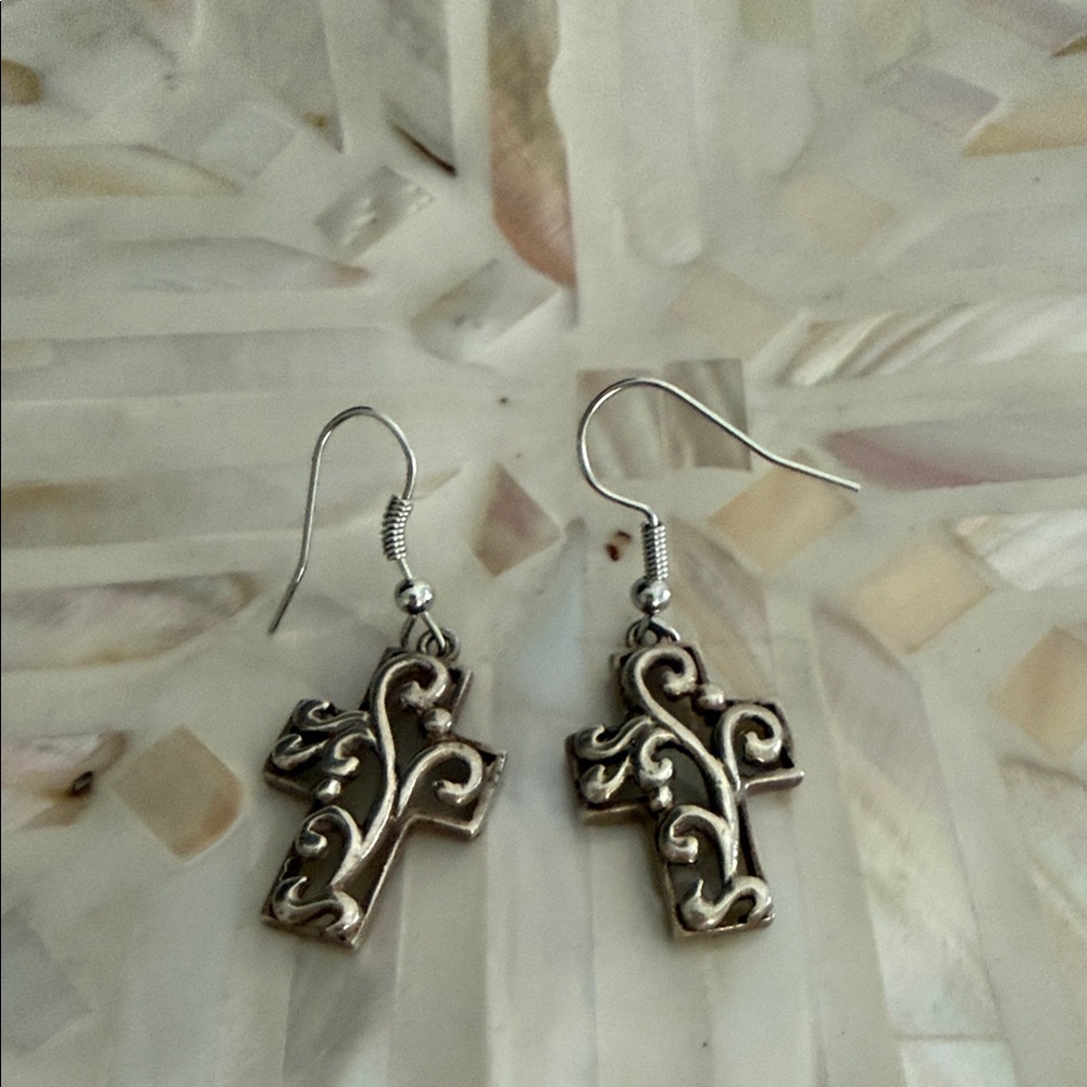 Silver-Tone Filigree Cross Drop Earrings